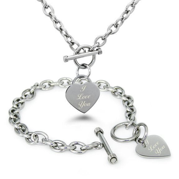 Stainless Steel Engraved I Love You Heart Charm Bracelet and Necklace