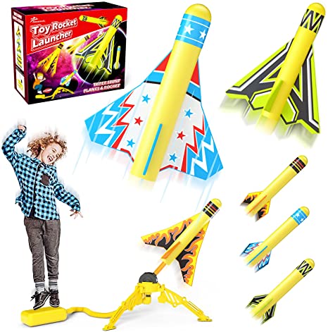 Jasonwell Toy Rocket Launcher for Kids Sturdy Stomp Launch Toys Fun Outdoor Toy for Kids Gift for Boys and Girls Age 5 6 7 8 9 10 Years Old with 3 Foam Rockets and 3 Stunt Planes