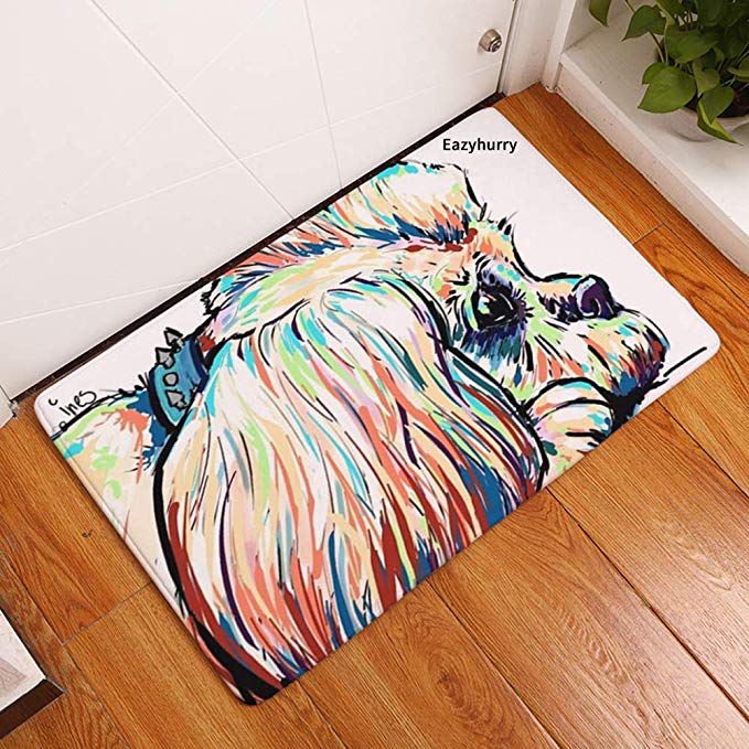 YJBear Thin Long Fur Puppy Dog Pattern Floor Mat Coral Fleece Home Decor Carpet Indoor Rectangle Doormat Kitchen Floor Runner 16" X 24"