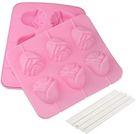 3D Flower Lollipop Mold and 20Pcs Sticks - MoldFun Rose Silicone Lolly Pop Tray for Hard Candy Chocolate Gummy Jello Sucker
