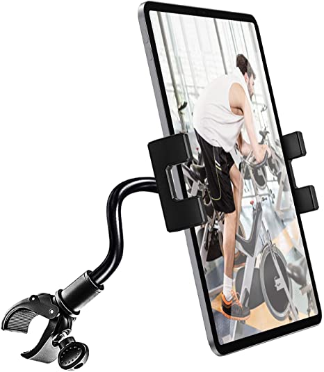 Spinning Bike Tablet Holder, woleyi Gooseneck Treadmill Elliptical Tablet Mount, Indoor Stationary Exercise Bike Tablet Clamp for iPad Pro / Air / Mini, Galaxy Tabs, More 4-11" Tablets and Cellphones