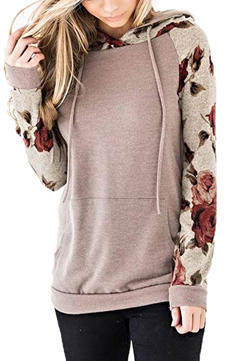 Angashion Women's Floral Printed Long Sleeve Pullover Hoodies Sweatshirt with Pocket