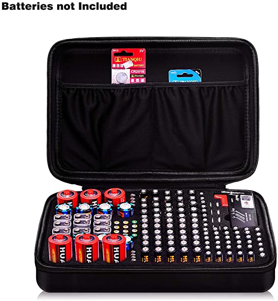Geecow Battery Storage Organizer Case with Battery Tester Fireproof Waterproof Safe Carrying Case Bag Holds 140  Batteries AA AAA C D 9V Black (Batteries Not Included)