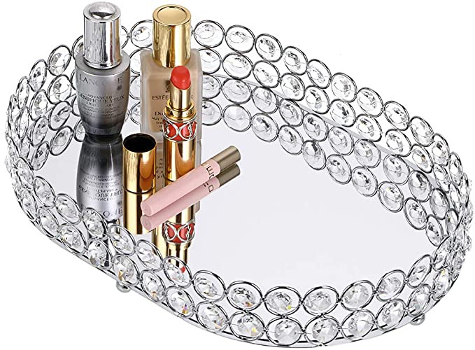 Hipiwe Mirrored Crystal Vanity Makeup Tray, Ornate Jewelry Trinket Decorative Tray Cosmetic Perfume Display Organizer Tray,Home Decor Tray for Dresser/Bathroom (Ellipse)