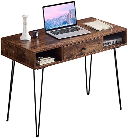 VECELO Computer Home & Office Laptop Table,Study Writing Desk with Drawers Open Shelf Storage Metal Leg，Retro Brown