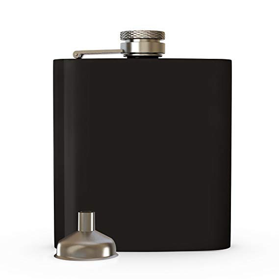 Hip Flask with Funnel, Liquor Flask - 8 Oz, Fits Any Suit, Leak Proof 18/8 Stainless Steel, Pocket Hip Flask Wrapped with Brown Leather for Discrete Alcoholic Shots (Black)