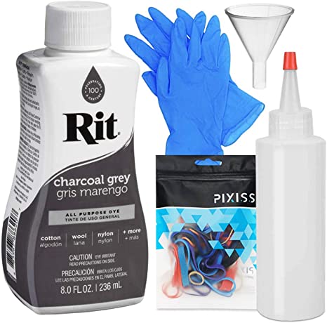 Rit Dye Liquid Charcoal Grey All-Purpose Dye 8oz, Pixiss Tie Dye Accessories Bundle with Rubber Bands, Gloves, Funnel and Squeeze Bottle
