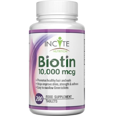 Biotin Hair Growth Vitamins 10000MCG 200 6mm Tablets MONEY BACK GUARANTEE UK Made BUY 2 GET FREE UK DELEVERY 6 Month  Supply Best Supplements for Hair Loss Best Beauty Treatment for Men and Women - Incite Nutrition Biotin B7 Complex Better Than Shampoo Not 5000MCG Capsules Benefits Healthy Hair  Nail Growth and Skin UK Manufactured