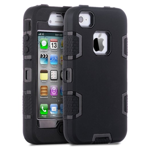 iPhone 4 Case iPhone 4S Case ULAK Robot Guard Hybrid Rugged Triple Layer Combo Case with Hard Plastic Inner Shell and Rugged Soft Silicone Outer Skin for Apple iPhone 4S and iPhone 4 BlackBlack