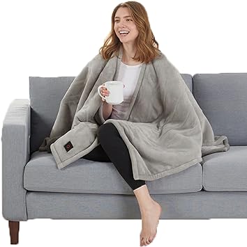 Brookstone Home Decor - Soft Plush Sherpa Lined Wearable Electric Heated Poncho - 1 Button 4-Heat Settings - Auto Shut Off Machine Washable - Warm Fashionable Living Room & Bedroom Blanket (Grey)