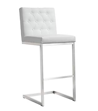 Tov Furniture The Helsinki Collection Modern Style Eco-Leather Upholstered Stainless Steel Barstool (Set of 2), White