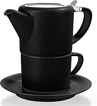 Tealyra - T41 Tea for One Set - Black Porcelain Small Teapot 15 fl.oz - Cup 8.5 fl.oz and Saucer - Stainless Steel Lid Removable Infuser for Loose Leaf Tea