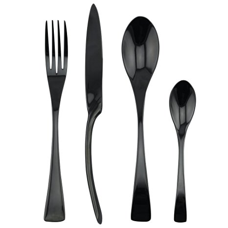 Kaya Delicate Stainless Steel Flatware Cutlery Set with Mirror Finish Including Fork Spoons Knife Four Piece Tableware Dinner Set (black pearl)
