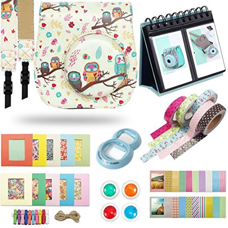 Katia Camera Accessories for Fujifilm Instax Mini 9 or Mini 8 Instant Film Camera- 8 in 1 Bundle. Fuji Case Cocoa Owl with Strap/ Photo Album/ Frame/ Selfie Len/ Filters/ Stickes & more - Owl