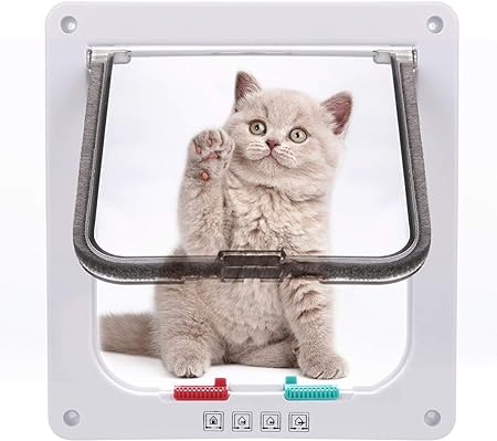 Sailnovo Cat Door Flap (Outer Size 7.5"" x 7.8""), 4-Way Locking Cat Flap for Interior Exterior Doors, Weatherproof Pet Door for Cat/Doggie (Circumference &lt; 15.75"", Weight &lt; 16 lb) White