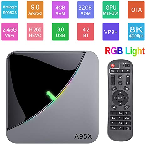 Android 9.0 TV Box A95X F3 Air 8K RGB Smart TV Box Light Amlogic S905X3 4GB 32GB 2.4G&5.8GHz Dual WiFi BT 4K 60fps Netflix YouTube Smart TV Dongle Media Player