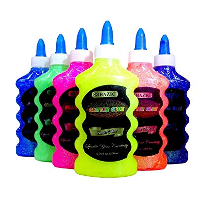 6 Color Glitter Glue Set (6.7oz - 200 ml Bottles) NEON Colors - Pink, Green, Blue, Yellow, Purple, and Orange