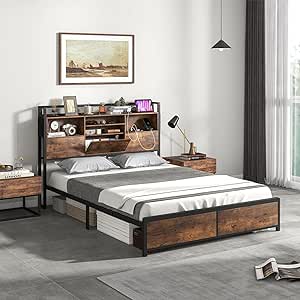 Giantex Queen Bed Frame with Storage Headboard, Metal Platform Bed with Charging Station and 3-Tier Bookcase, Heavy Duty Slats Support, Noise Free, No Box Spring Needed, Bed Frame Queen Size