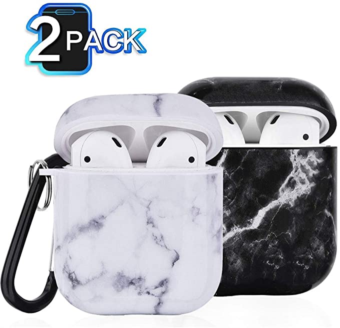 (2 Pack) Compatible with AirPod Case Cover, I.P 2 in 1 Marble Cute Case Protective Cover with Keychain Compatible with Apple AirPods Charging Case 2&1 for Girls Women Men, Black & White