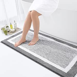 OLANLY Bathroom Rugs 47x24, Extra Soft and Absorbent Microfiber Bath Mat, Non-Slip, Machine Washable, Quick Dry Shaggy Bath Carpet, Suitable for Bathroom Floor, Tub, Shower (Grey and White)