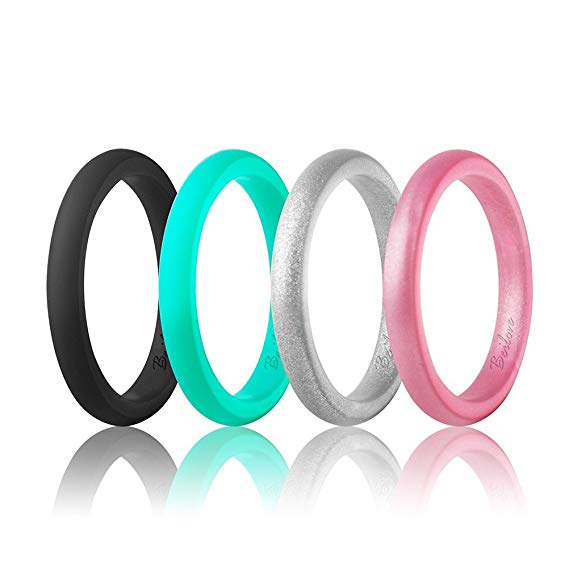 beilove Thin and Stackable Silicone Wedding Ring for Women,Singles,4 & 8 Packs,Black,Turquoise,White,Rose Gold