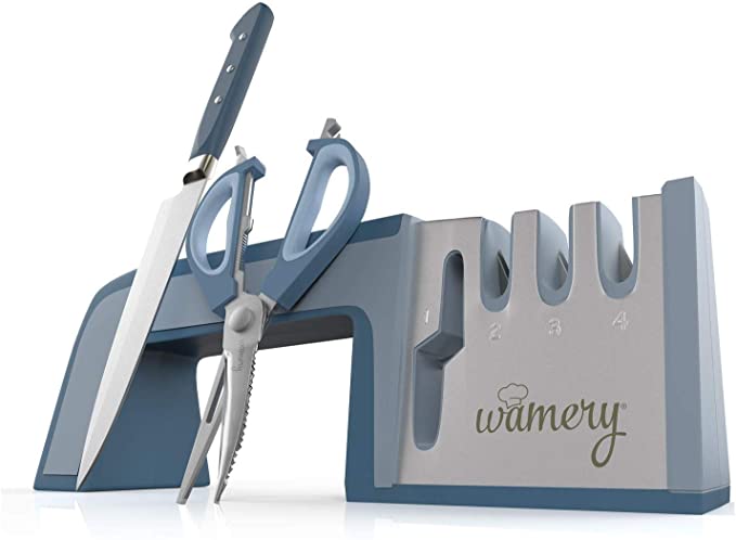 Wamery Knife Sharpener 4-Stage Kitchen Knife and Scissor Sharpeners - Easy to Use Manual Knife Sharpening Scissors Tool Restore Knives & Shears Quickly with Ergonomic Handle & Anti-Slip Safe Pads
