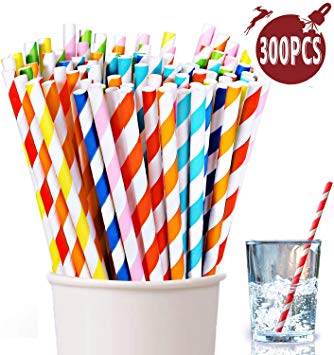 Paper straws, 300 Pack of Paper Straws in 8 Bright Colors Rainbow Stripes in Green, Blue, Yellow, Red, Etc Biodegradable and Durable Bulk Straws for Party Supplies Great for Smoothies, Tea and Soda