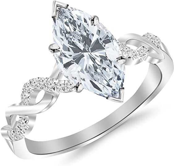 1.13 Carat t.w. Twisting Infinity Gold and Diamond Split Shank Pave Set Diamond Engagement Ring with a 1 Ct Forever Classic Marquise Moissanite Center