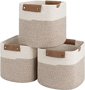 StorageWorks Woven Baskets for Organizing, 11x11x11 Cube Storage Organizer, Cotton Rope Basket for Cubes, Bed Room, Toys, 11x11 Storage Cubes with Handles, 3 Pack, White & Light Brown