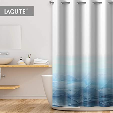 Lagute Snaphook Oriental Hook Free Shower Curtain Liner Set, Landscape Painting | 74 in (L) x 71 in (W) | Removable PEVA Snap-in Liner Attached | Machine Washable | No Hook Needed