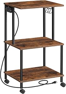 HOOBRO Printer Stand, Large Printer Table with Charging Station, Industrial Printer Storage Shelf with Wheels, 3-Tier Rolling Printer Cart for Home Office, Rustic Brown and Black BF48UPS01