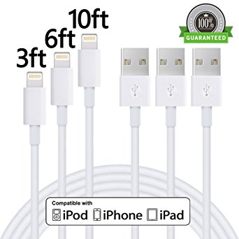 ONSON iPhone Cable,3Pack 3FT 6FT 10FT iPhone Cord Apple Lightning Cable Certified to USB Charging Charger for iPhone 7/7 Plus/6/6 Plus/6S/6S Plus,SE/5S/5,iPad,iPod Nano 7 (White,3FT 6FT 10FT)
