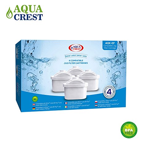 4 x AquaCrest AQK-07 Replacement Water Filter Cartridges for Brita Maxtra, Mavea, Laica Bi-flux, Dafi Unimax, Aquaphor Maxfor, Amazon Basics, PearlCo Unimax, Lauson AWF102, Aqua Optima Evolve