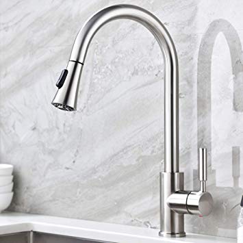 VAPSINT Lead-Free Solid Brass Pull Down Brushed Nickel Single Handle Kitchen Faucet,Stainless Steel Pull Out Kitchen Sink Faucet