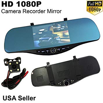 Universal 5.2" Monitor 1080P Full HD Blue Tint Front/Backup Rear Camera Video Recorder Rearview DVR Cam Inside Mirror