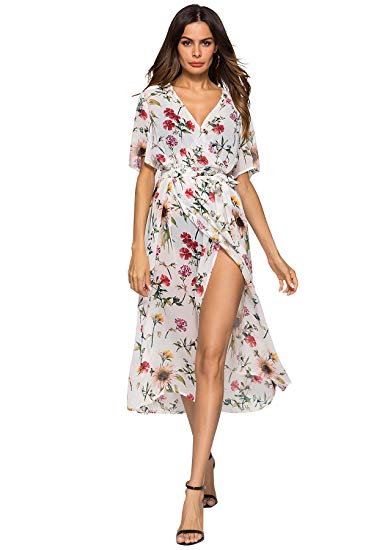 Escalier Women Floral Maxi Dress Split Beach Flowy Party Dresses with Belt