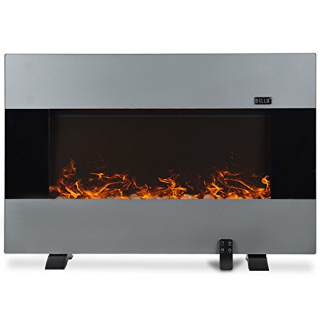 Della 37"inch XL Heat Electric Wall Mount & Free Standing Fireplace Heater w/ Remote, 1500W, Stainless Steel