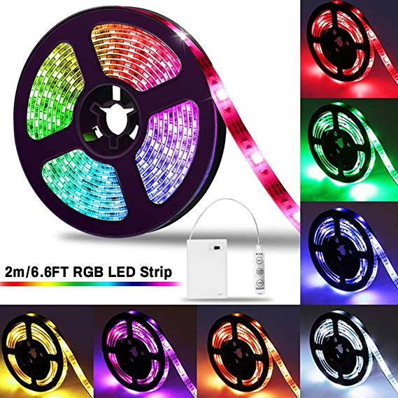 LED Strip Lights SOLMORE Battery Operated RGB | SMD5050 | Color Changing TV Backlight | 20 Colors | 7 Brightness | IP65 Waterproof | Portable | Strip Lights for Home Kitchen Cabinet with Controller 2M