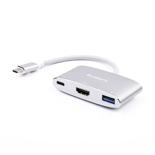 Lumsing Type C USB 3.1 Hub USB-C to USB 3.0/ HDMI/ Type C Female Charger Adapter with 3840*2160P@30HZ UHD for New Macbook ,Google Chromebook Pixel, 2015 Macbook 12 Inch Laptop(Silver)