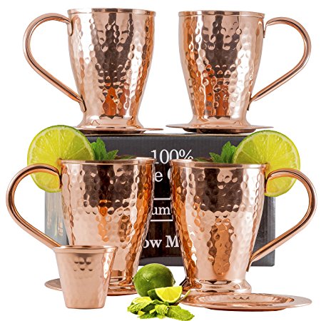 Moscow Mule Copper Mug Set - Protect your Furniture with Pure Copper Coasters (4) for Cocktails & Moscow Mules- Kamojo Gift Set of 4
