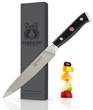 Utility Knife 5 Inch- Highest Quality Japanese VG10 Super Steel With 67 Layers of Stainless Steel Clading- Razor Sharp & Unparalleled Edge Retention- Lifesharp Guarantee- Kurouto Kitchenware