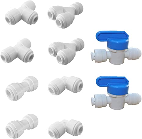 PureSec 2020 Push to Connect Quick Fitting Combo 3/8-inch OD for RODI System(Ball Valve T Y L I Assortment Package, Pack of 10)