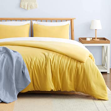 VEEYOO Twin Duvet Cover Cotton - 100% T-Shirt Jersey Knit Cotton Duvet Cover Set with Zipper Closure, Extra Soft Breathable Comforter Cover (1 Yellow Duvet Cover, 2 Pillowcases)