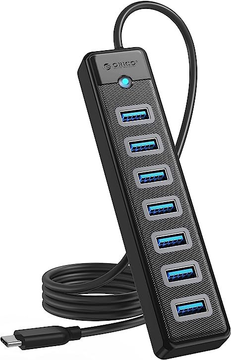 ORICO 7-Port USB C Hub 3.0 with 3.28ft Extension Cable and Tapy-c Charger Port, 5Gbps Fast Data USB Splitter Transfer Multi USB Port Expander for Laptop, PC, Flash Drive, Printer, Mobile HDD