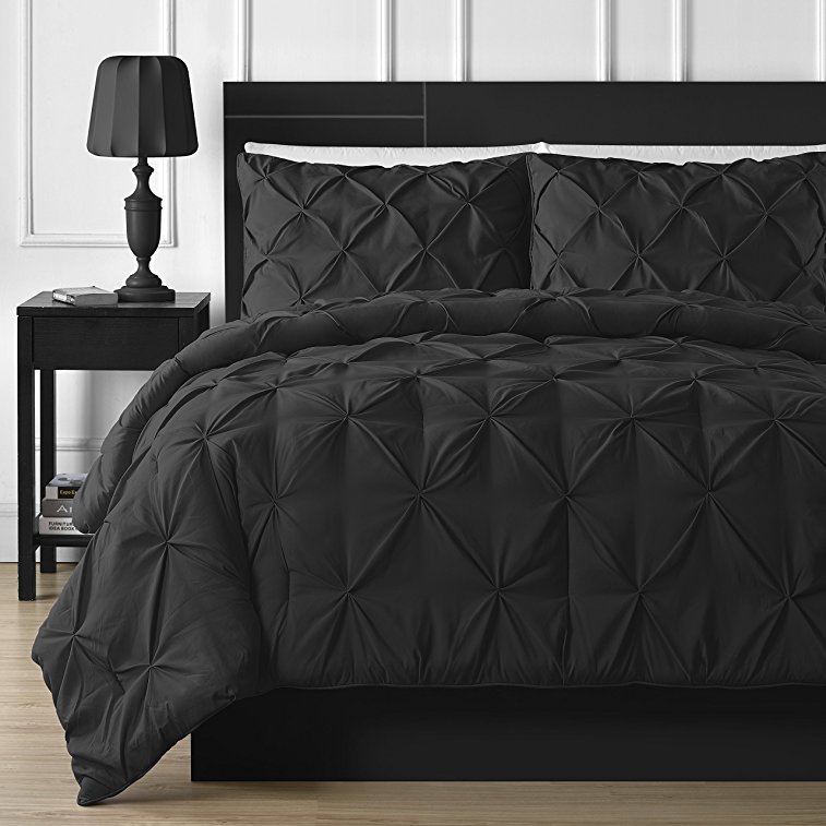 Double-Needle Durable Stitching Comfy Bedding 3-piece Pinch Pleat Comforter Set (Full, Black)