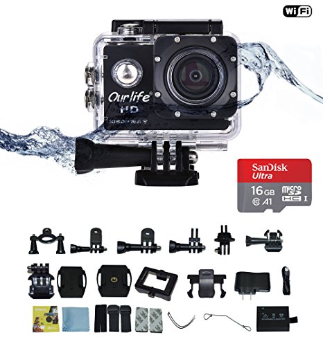 Ourlife Action Video Camera 1080P WIFI Sports Camera IP68 Waterproof DV Camcorder 12MP 170° Wide Angle 2 Inch Screen with Mounting Kit