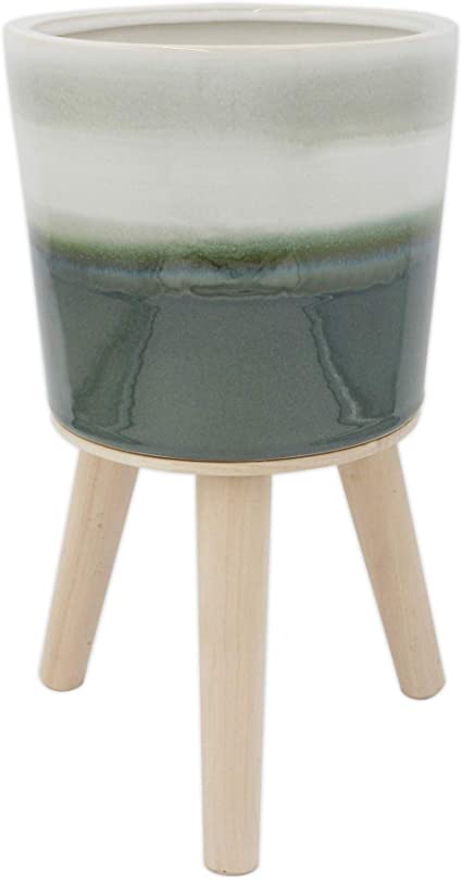 Rivet Mid-Century Stoneware Planter with Wood Stand, 12.99"H, Green Ombre