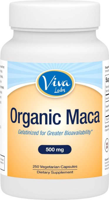 Viva Labs Organic Maca Root 500mg 250 Veggie Capsules Gelatinized for Enhanced Bioavailability