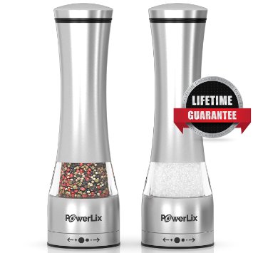 PowerLix Deluxe Stainless Steel Manual Salt And Pepper Grinder Set- Set Of 2 Mill Shakers With Adjustable Ceramic Grinder- Brushed Stainless Steel and Glass Construction- eBook Include