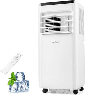 COSTWAY Portable Air Conditioner, 8000 BTU AC Unit, Fan & Dehumidifier with 24H Timer, Sleep Mode, Child Lock, LED Display, Remote Control & Installation Kit for Rooms up to 250 Sq.Ft (8000 BTU)